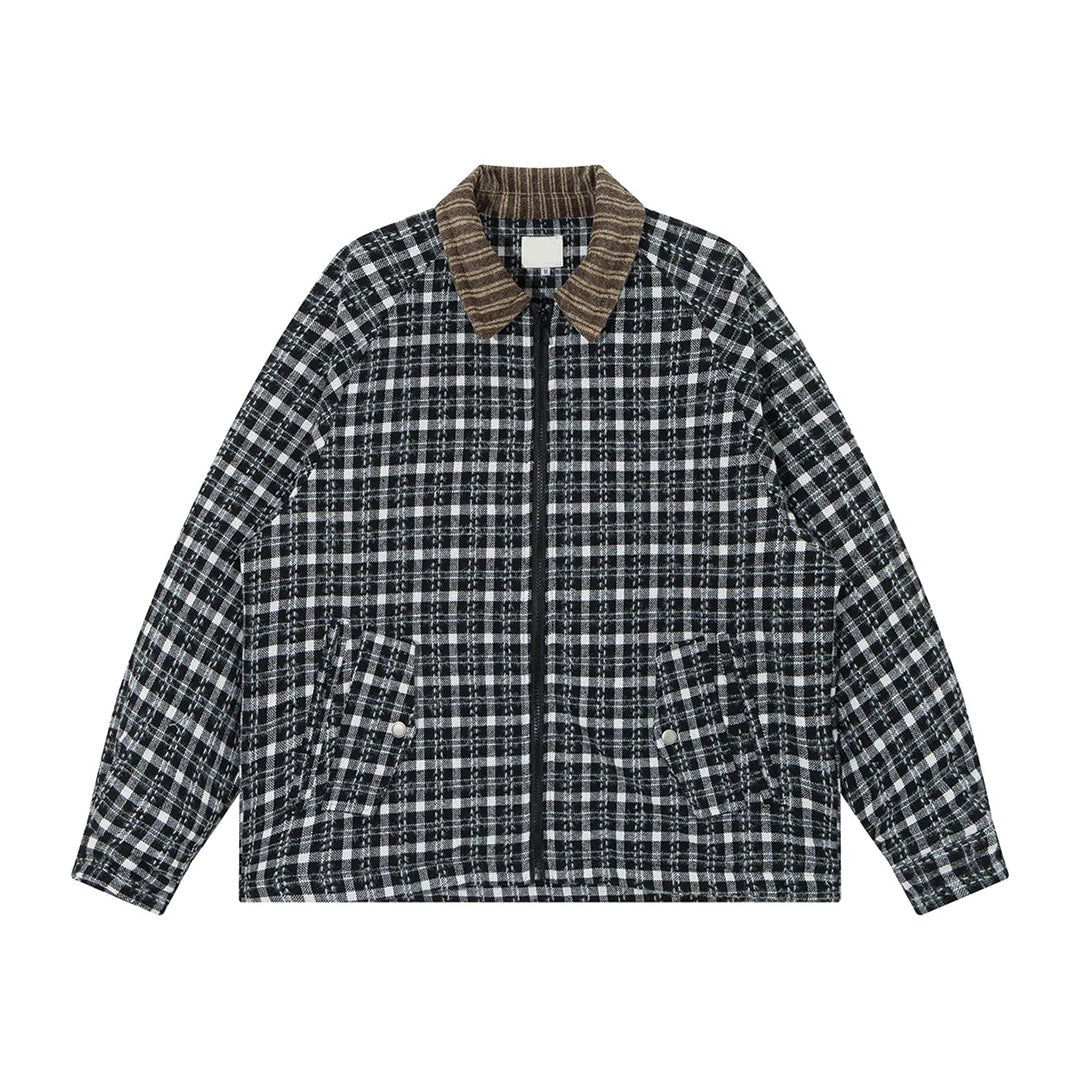 Plaid cotton work jacket with corduroy collar, relaxed fit, full front zip, dual snap pockets