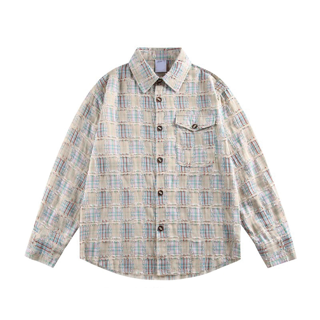 Men's relaxed fit checkered cotton shirt long sleeve turn-down collar textured pattern