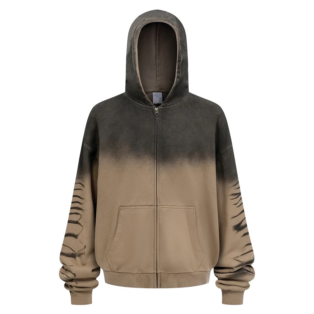 Gradient cotton hoodie with subtle color fade, full-zip closure, kangaroo pockets, relaxed fit