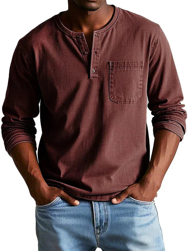 Men's classic indigo long sleeve Henley shirt with 3-button placket for relaxed everyday style