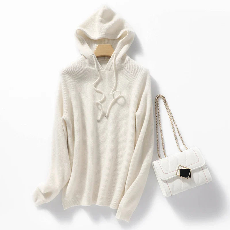 Fiona slim-fit merino wool hoodie in neutral tone with silk-soft texture and breathable knit