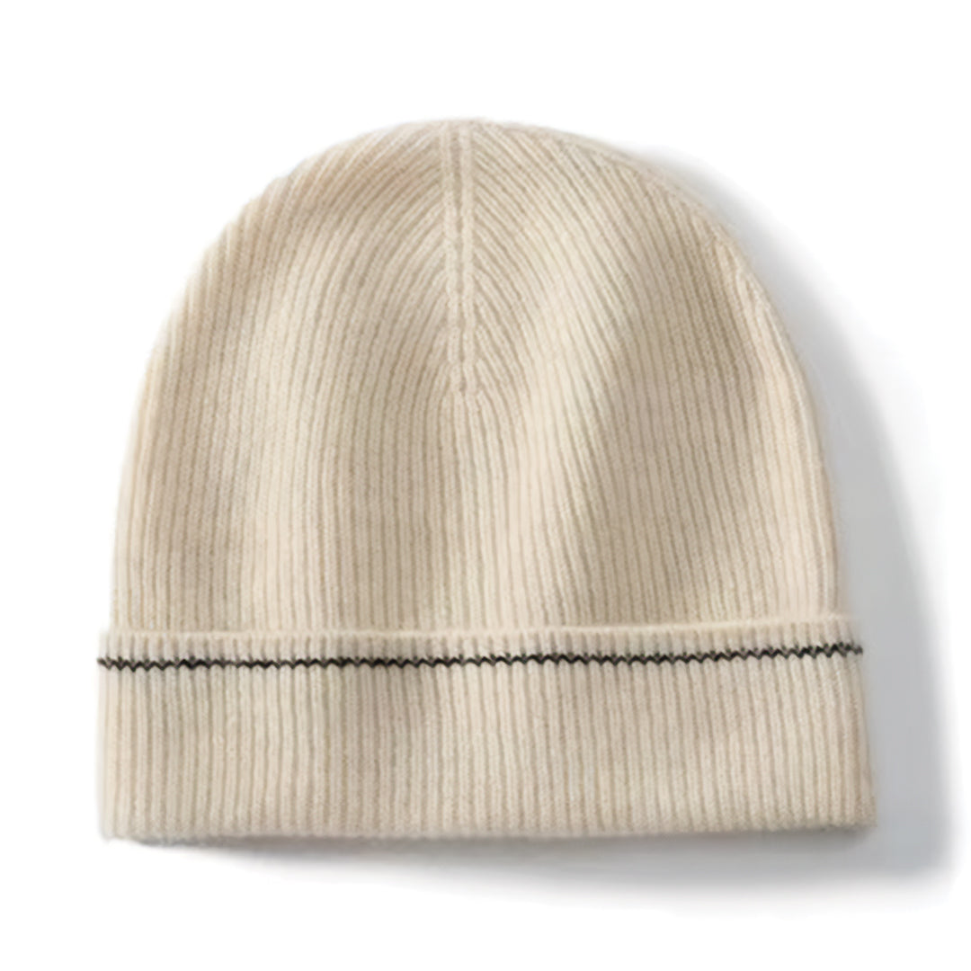 Ivory pure cashmere ribbed beanie with classic knit texture, lightweight luxury winter hat