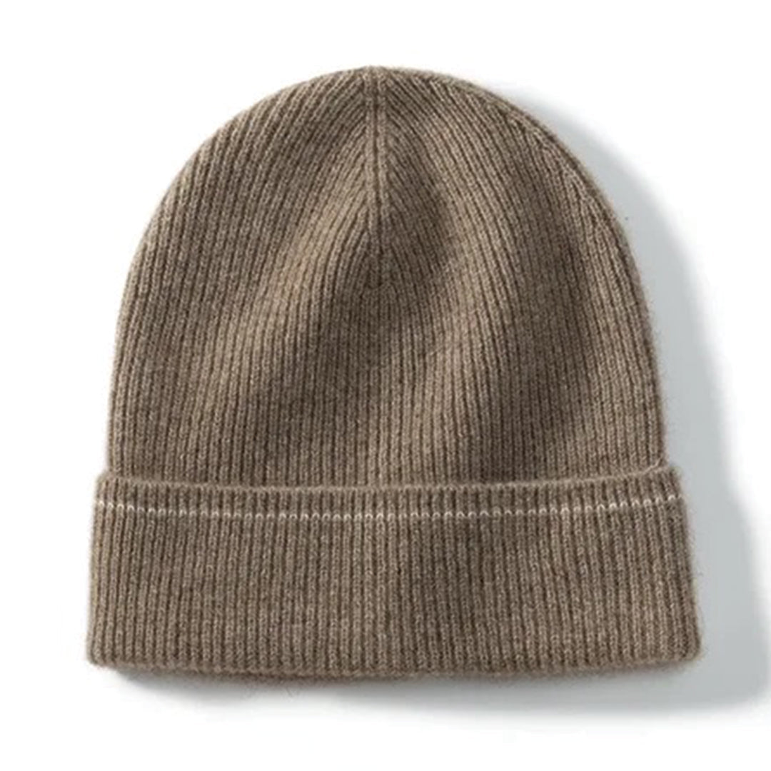 Ivory pure cashmere ribbed beanie with classic knit texture, lightweight 55g luxury winter hat
