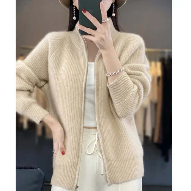 Women's soft knit zip-up sweater cozy layering essential with adjustable zipper closure