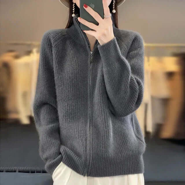 Women's soft cozy knit sweater with adjustable zipper closure, versatile layering essential in neutral tone