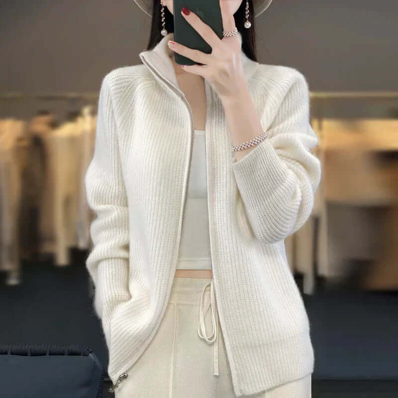 Women's soft cozy knit sweater with adjustable front zipper, versatile layering essential for casual style