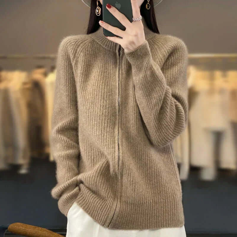 Women's soft cozy knit sweater with adjustable front zipper, versatile layering essential in casual style