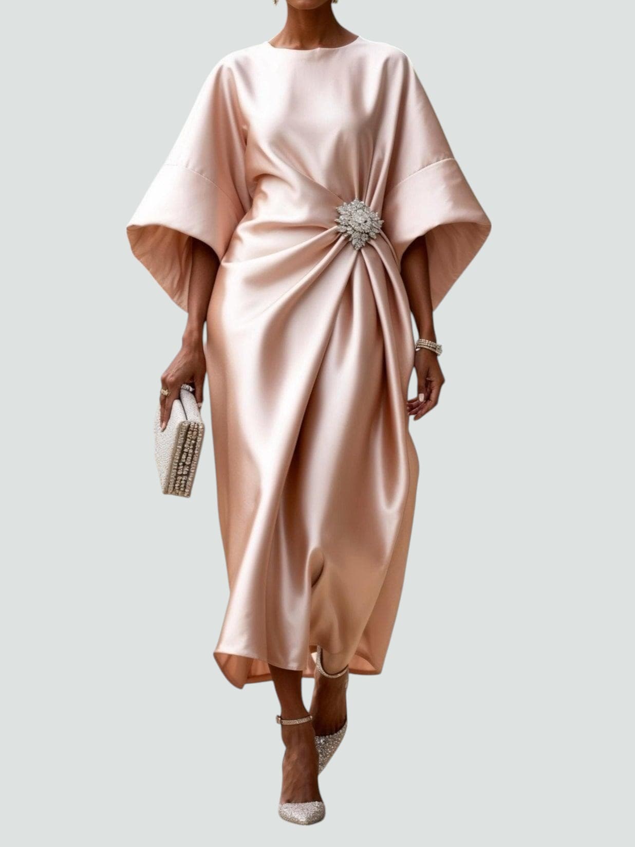 Elegant long dress deep rich hue refined sheen flattering silhouette perfect for weddings and galas