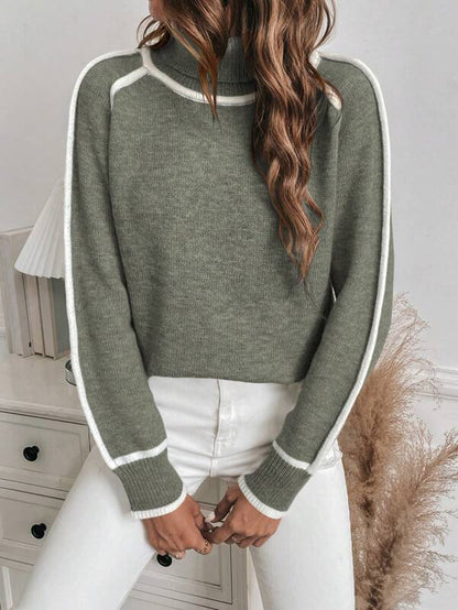 Cropped ribbed turtleneck knit sweater with contrasting trim accents for fall winter style