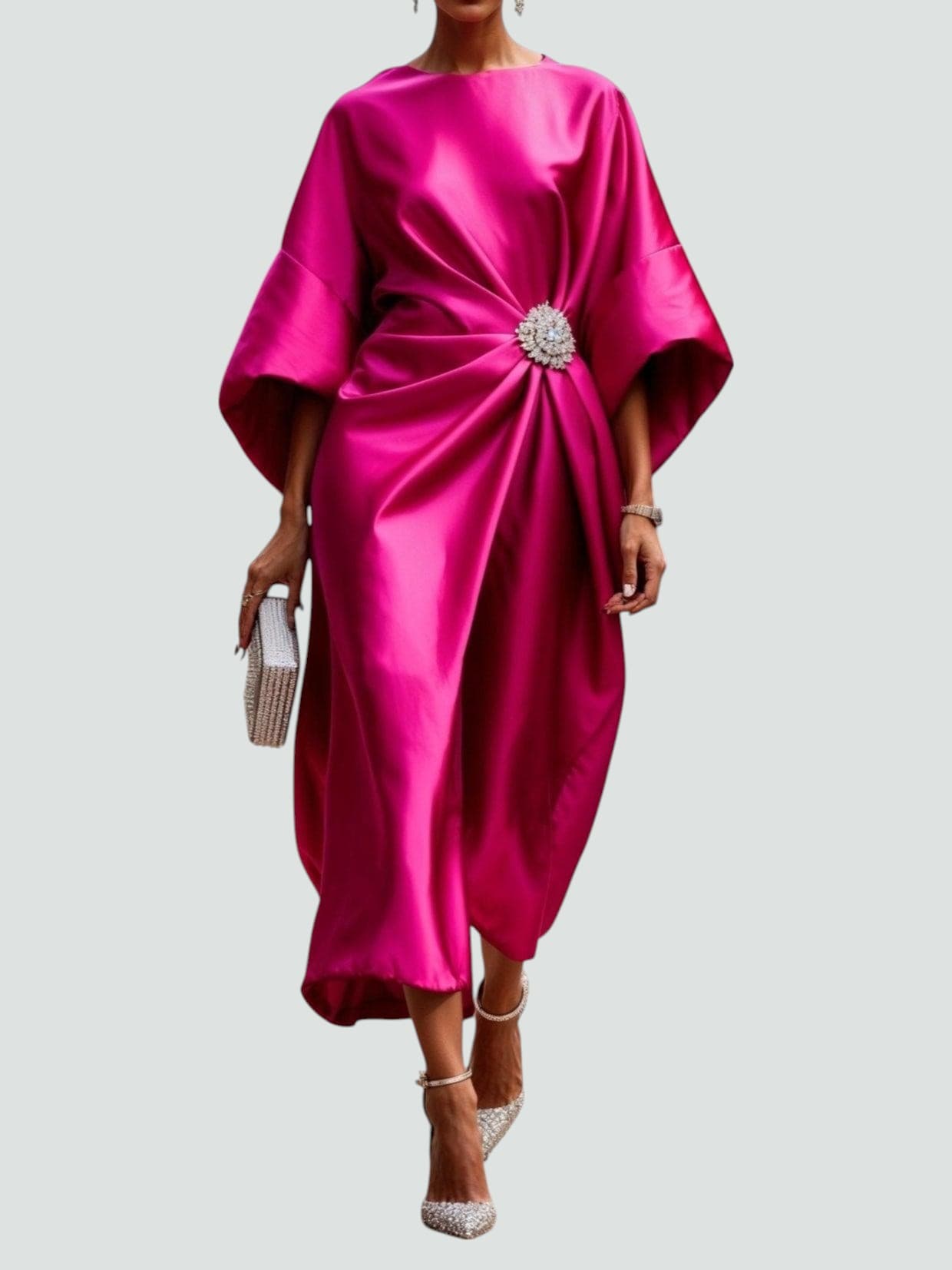 Elegant long dress in rich hue with refined sheen, flattering silhouette for formal occasions