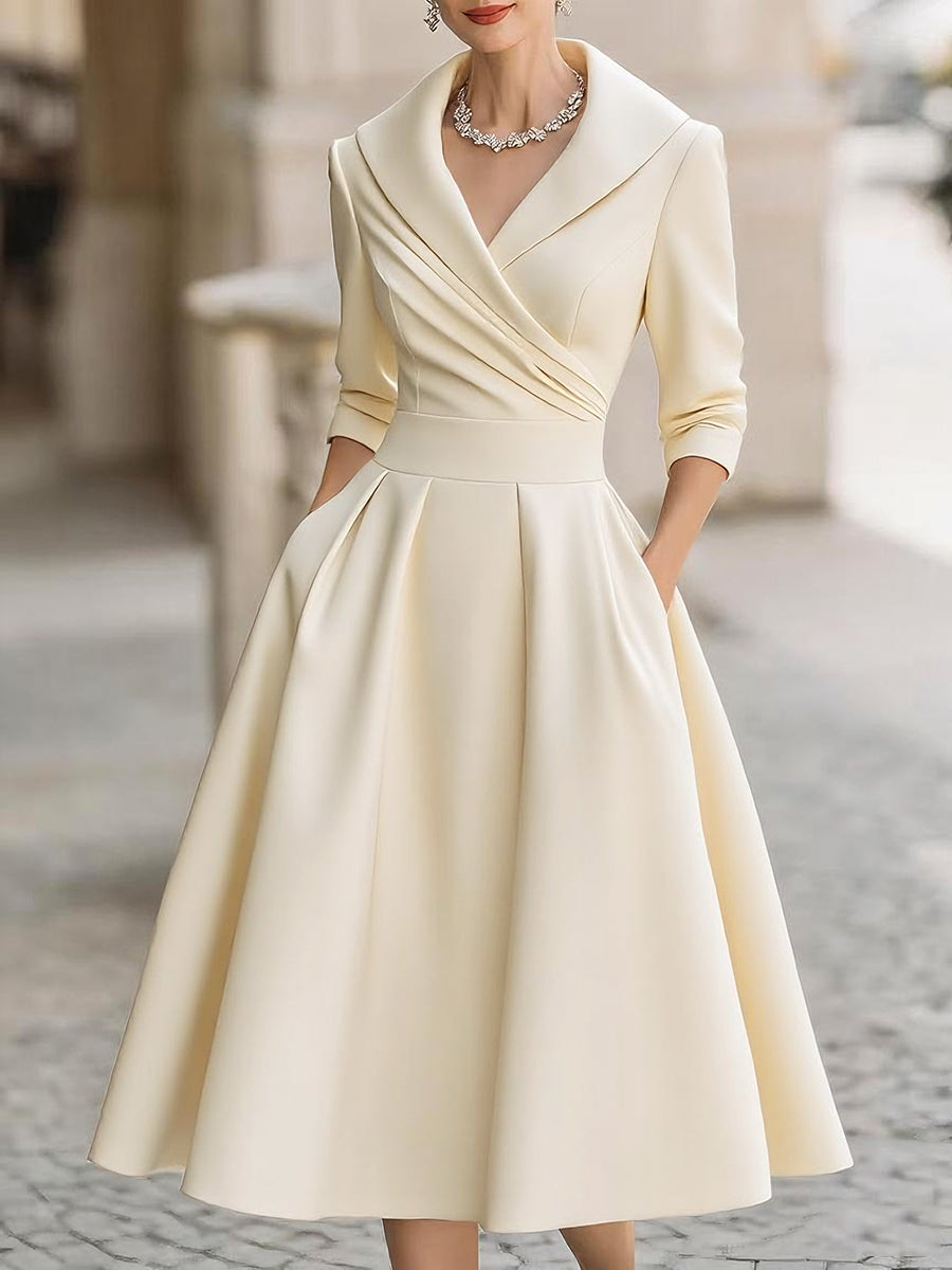 Elegant satin midi dress with fluid drape and luminous finish for a refined silhouette