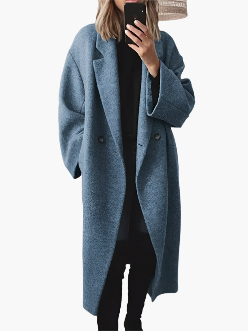 Women's loose fit longline winter coat relaxed oversized silhouette double-breasted timeless style