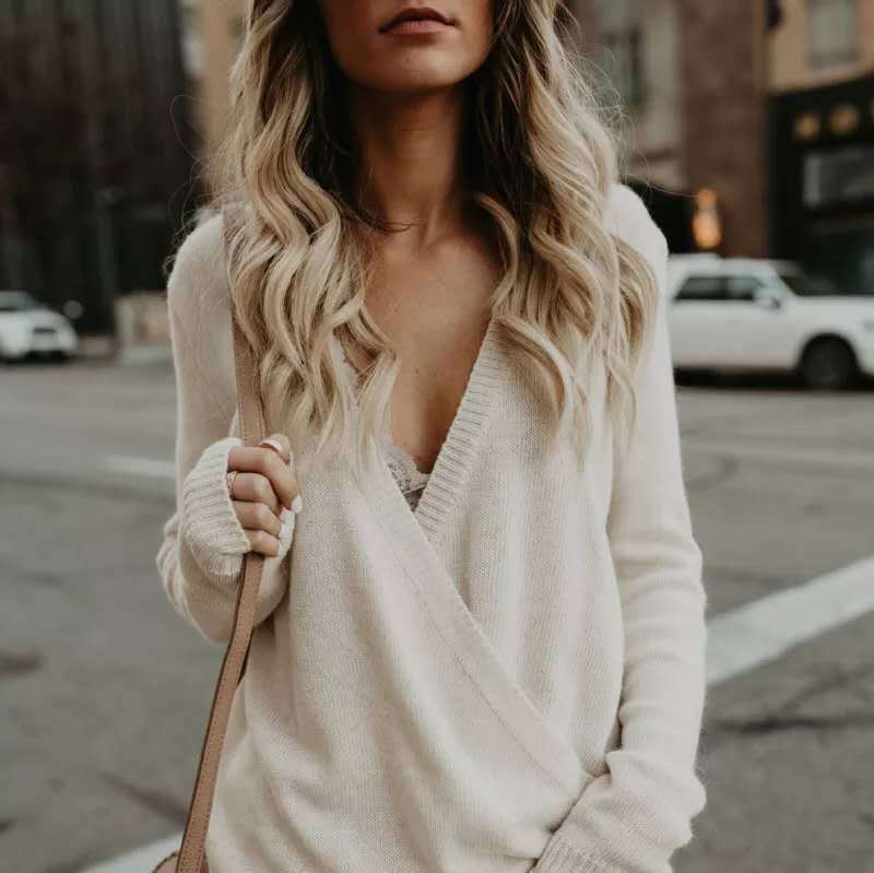 Wavlynn women's wrap sweater knit texture deep V-neck relaxed fit long sleeve everyday comfort
