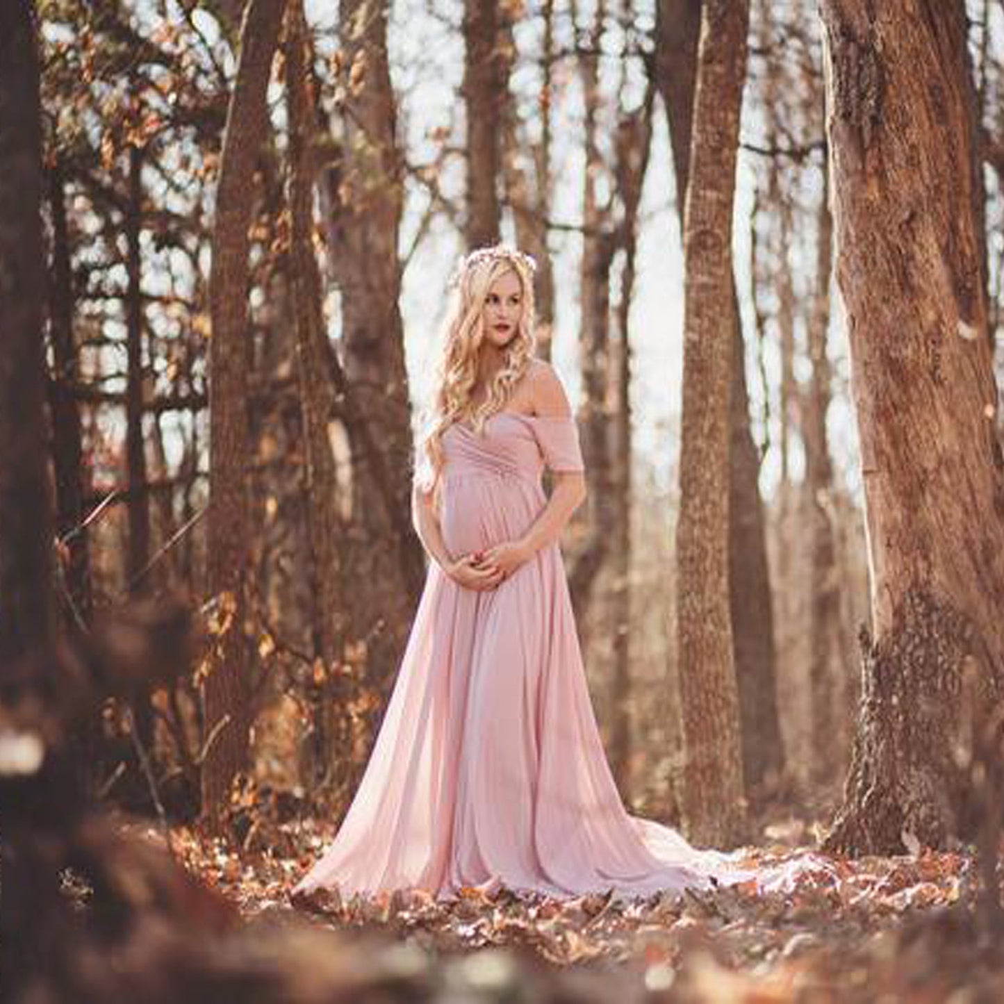 White maternity maxi gown wrap closure self-tie belt flowing breathable silhouette for expectant moms