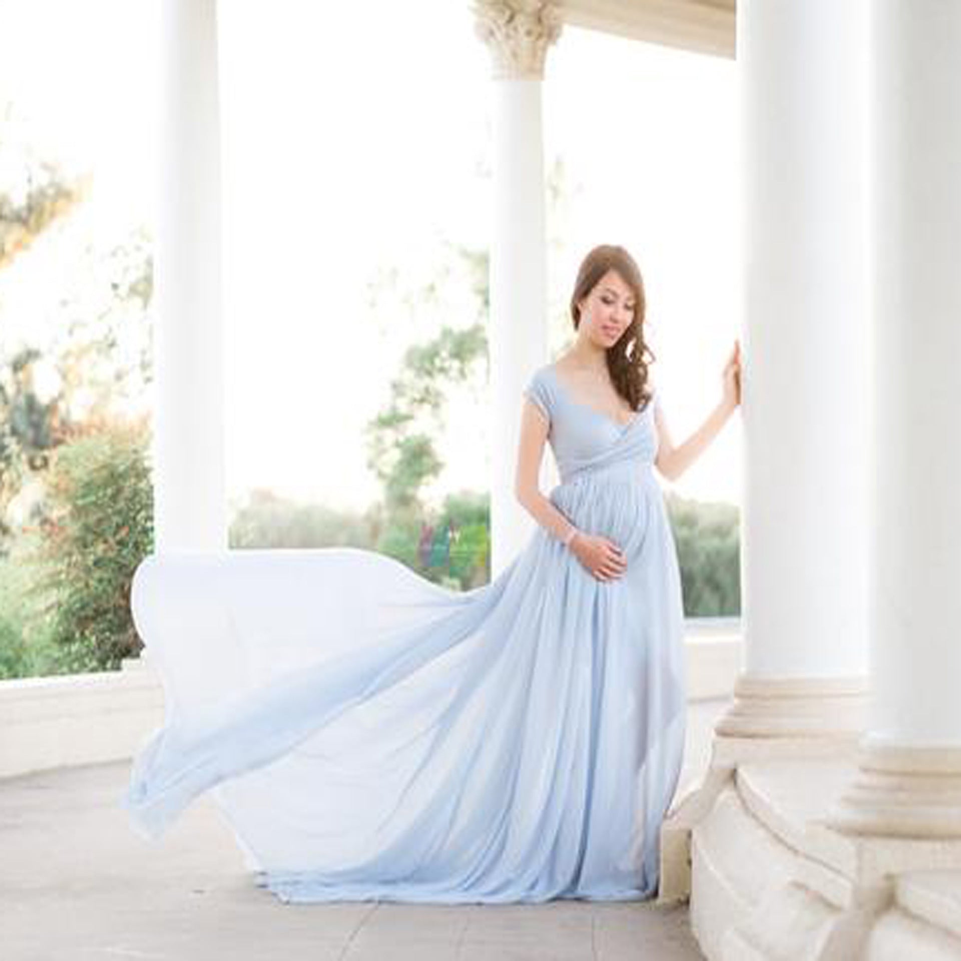 White maternity maxi gown dress with wrap closure and self-tie belt for adjustable bump fit