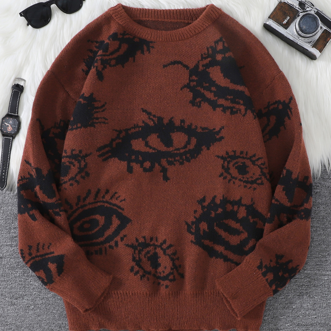 Relaxed-fit round-neck knit sweater with abstract eye jacquard pattern for casual everyday style