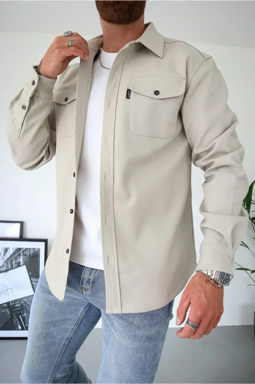 Men's cotton overshirt relaxed fit long sleeve button front layering shirt breathable everyday wear
