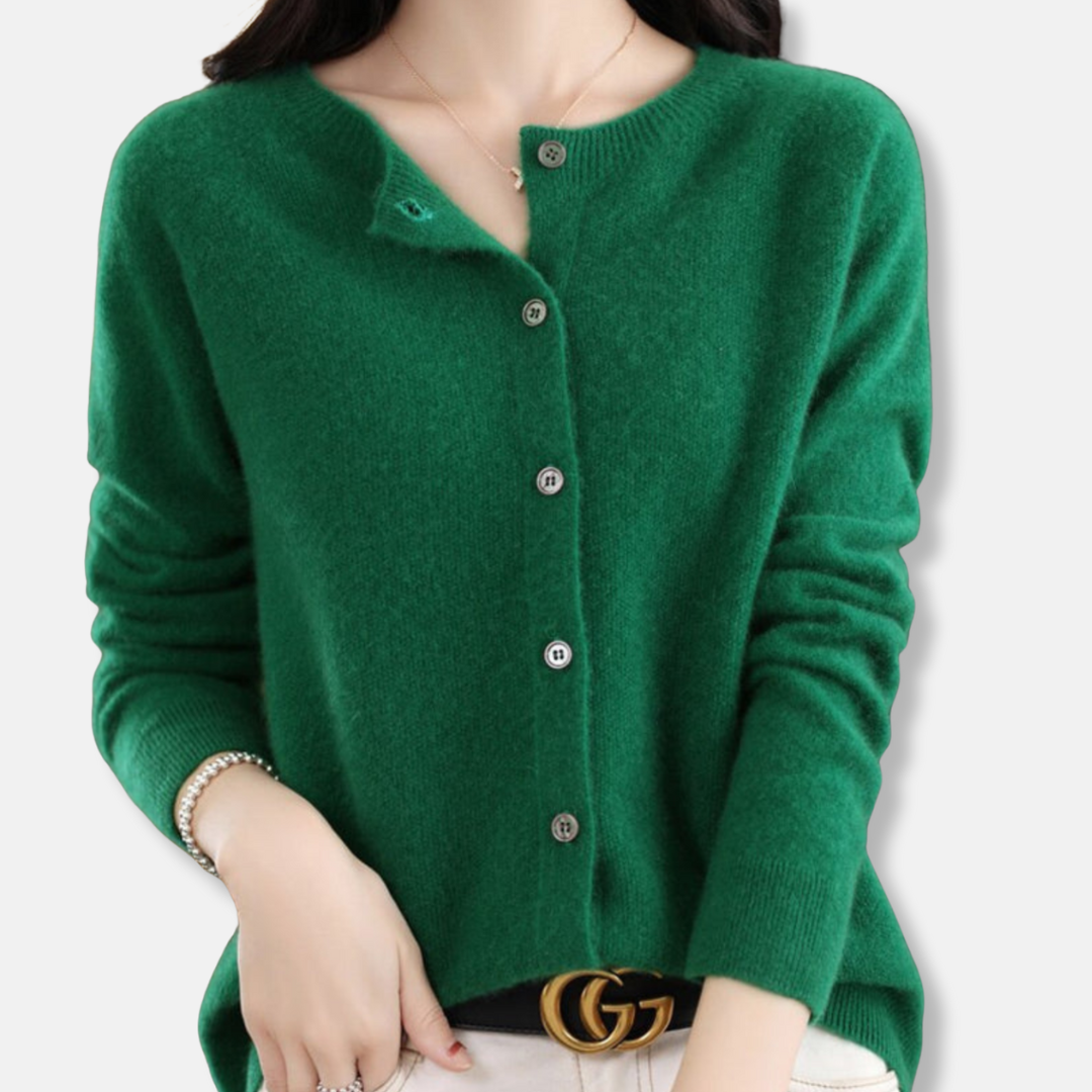 Women's merino wool cardigan sweater, regular fit, button front ribbed design for timeless layering