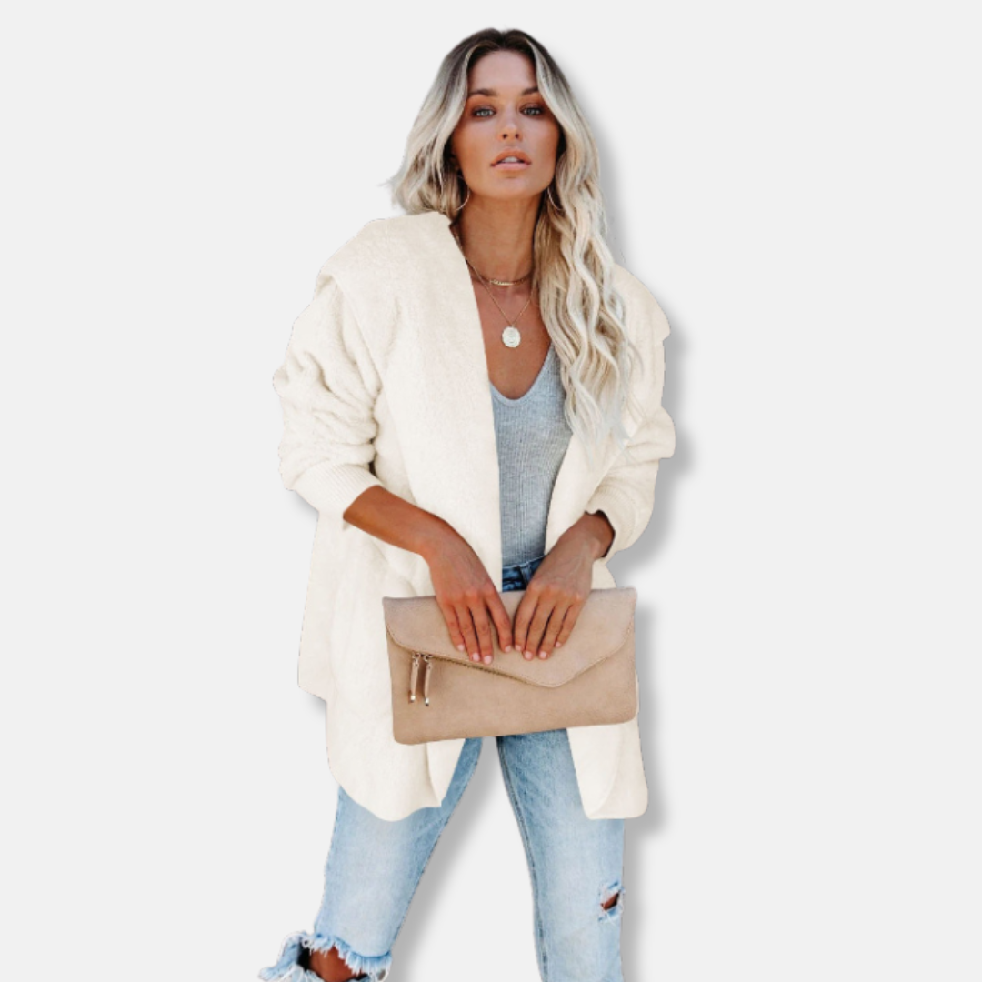 Women's oversized hooded sherpa fleece cardigan in cozy open-front style with deep pockets