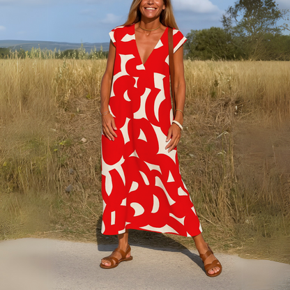 Women's flowy draped V-neck evening dress with fluid silhouette and elegant elongating neckline