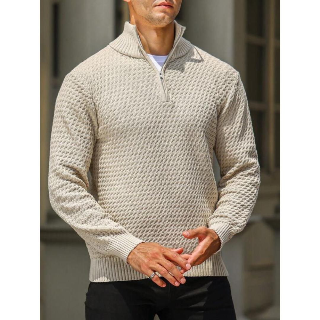 Men's half zip sweater textured knit tailored fit ribbed edges polished smart-casual cotton pullover