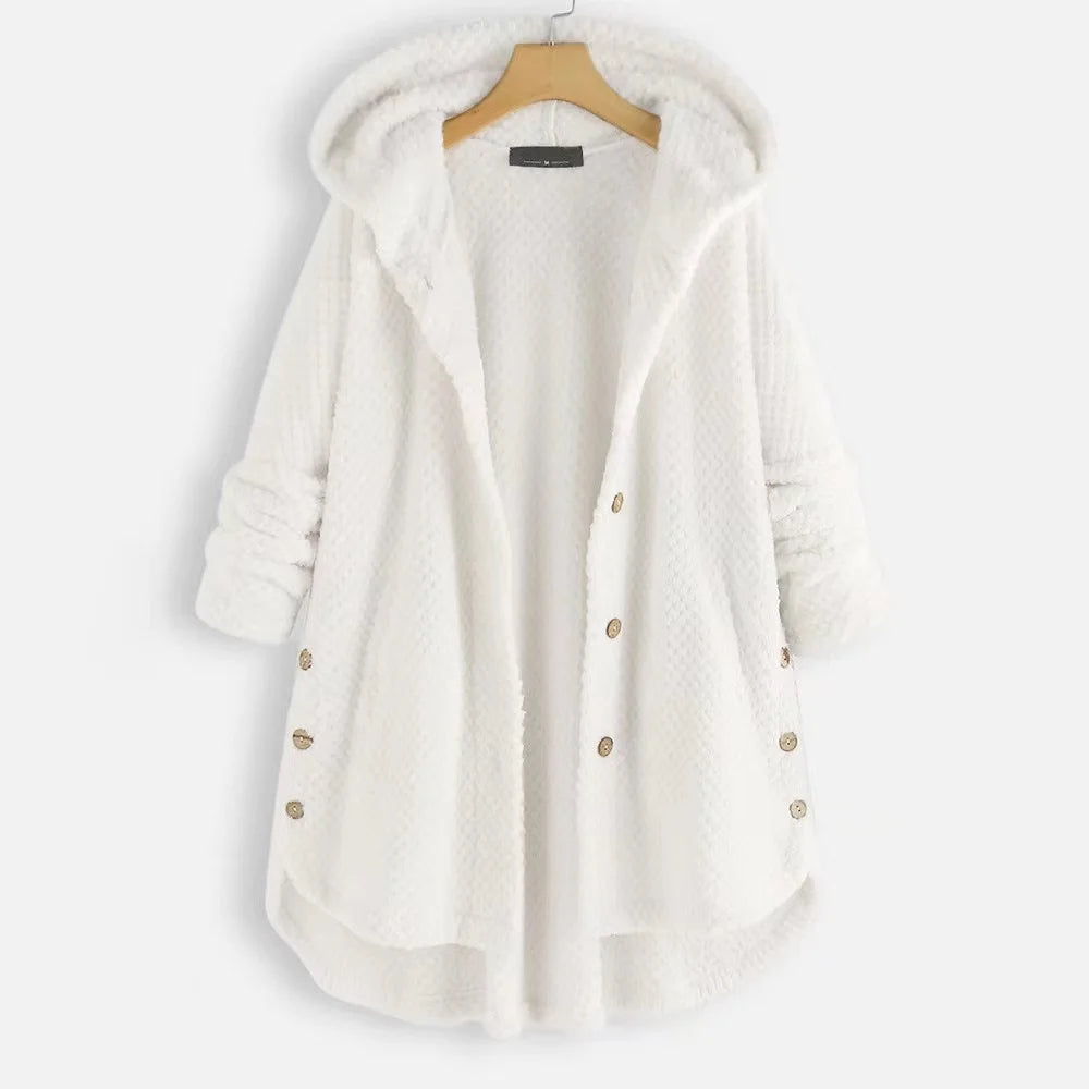 Oversized fleece hooded jacket with button-front closure and integrated pockets, Nordic-inspired casual style