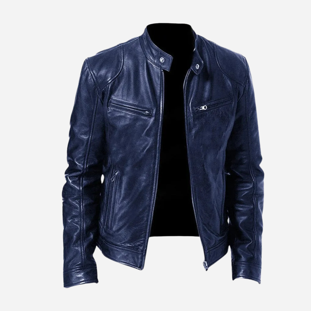 Men's black genuine leather slim fit biker jacket with snap tab collar and zipper closure