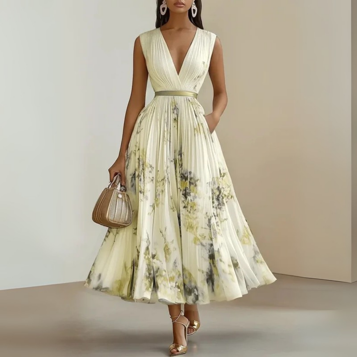 Flowy sleeveless maxi dress in soft drape fabric with flattering V-neck, breezy feminine silhouette