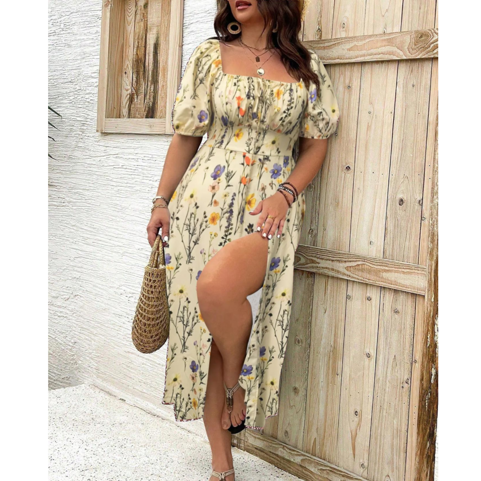 Elegant black plus size puff sleeve maxi dress with flowing length and curve-flattering silhouette