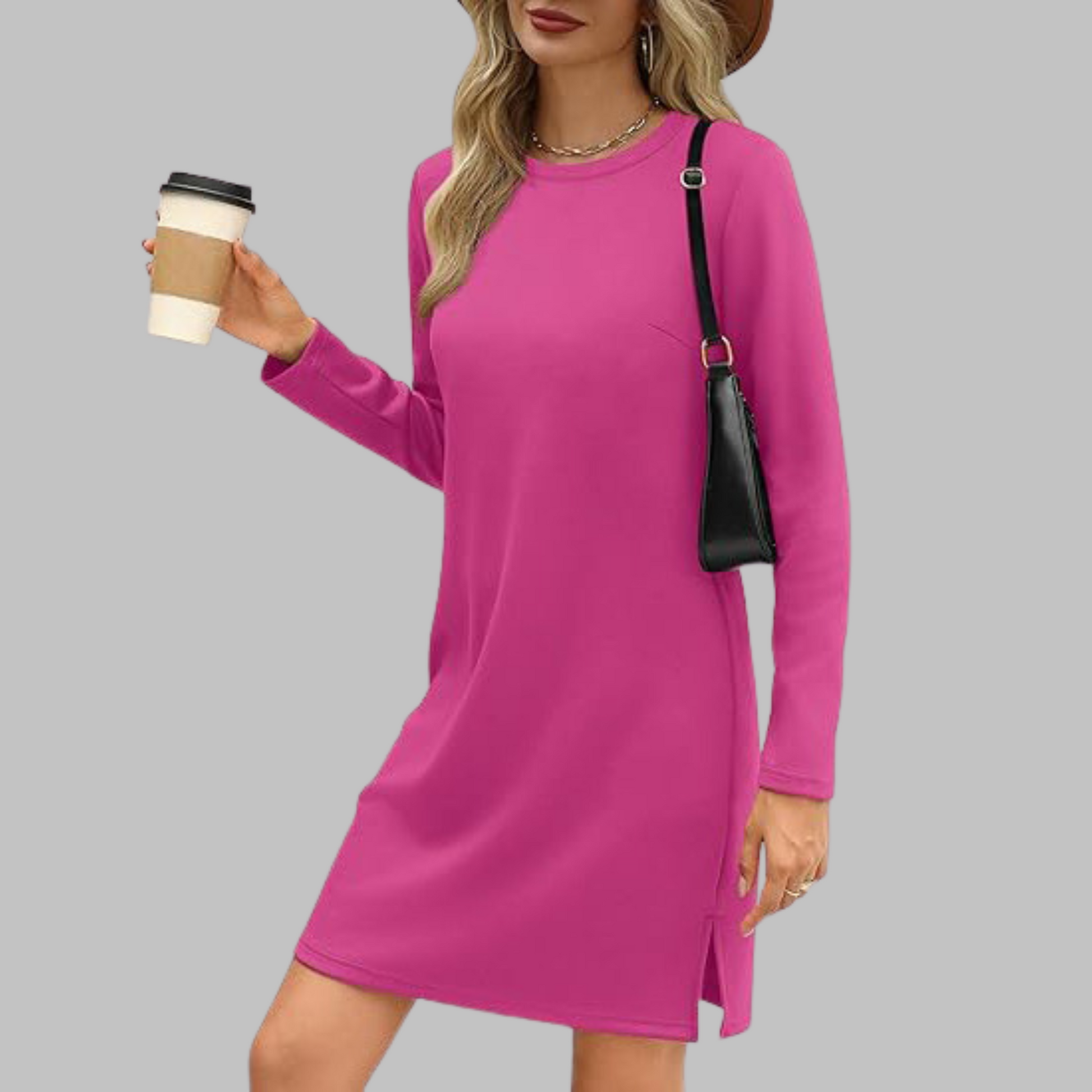 Alayah slim fit long sleeve round neck dress with tummy coverage for everyday wear
