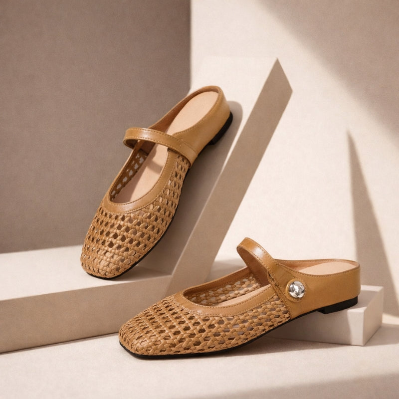 Women's metallic gold woven Mary Jane mule flats with open-weave texture and classic ankle strap