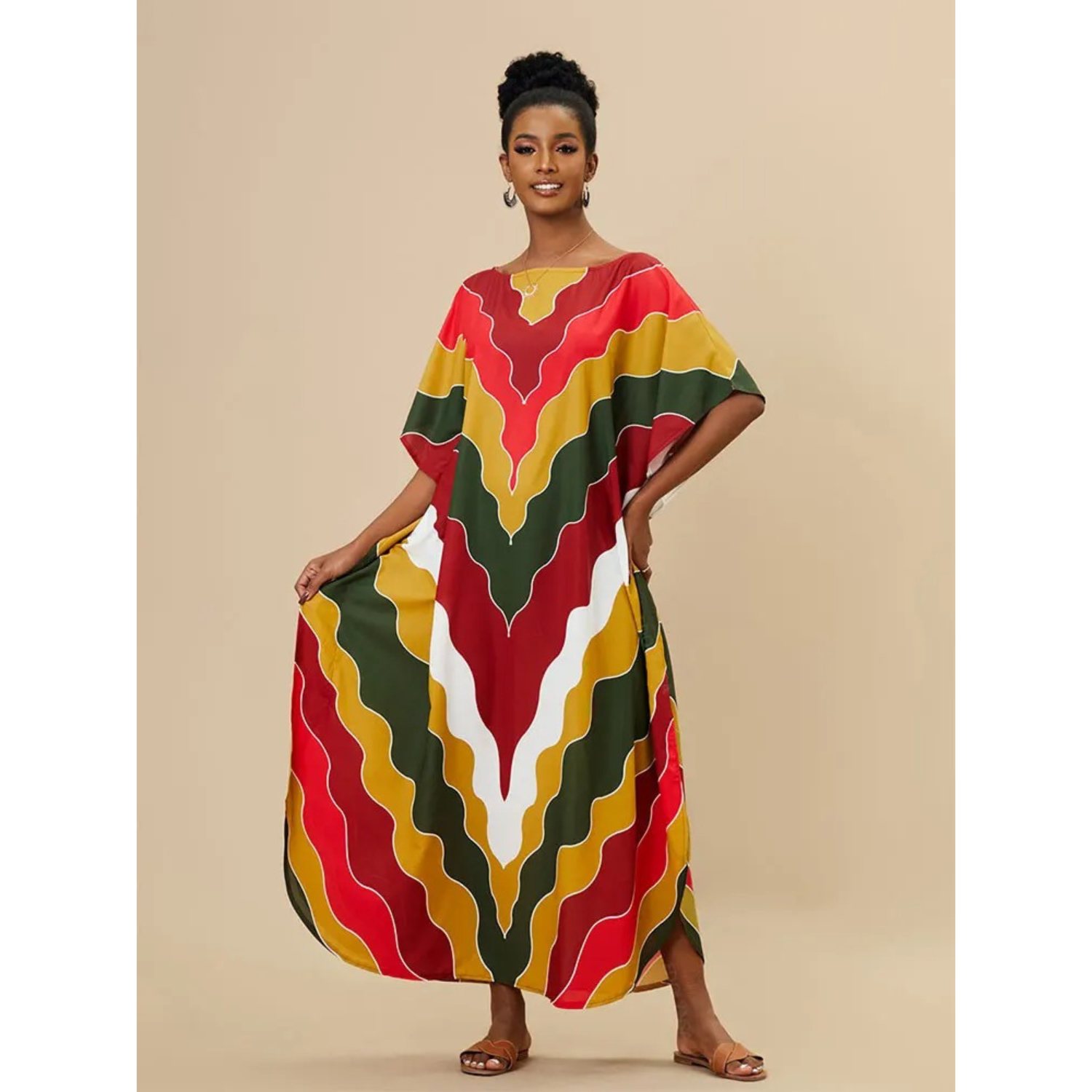 Women's loose fit V-neck kaftan in light airy fabric, bohemian beachwear cover-up for beach days
