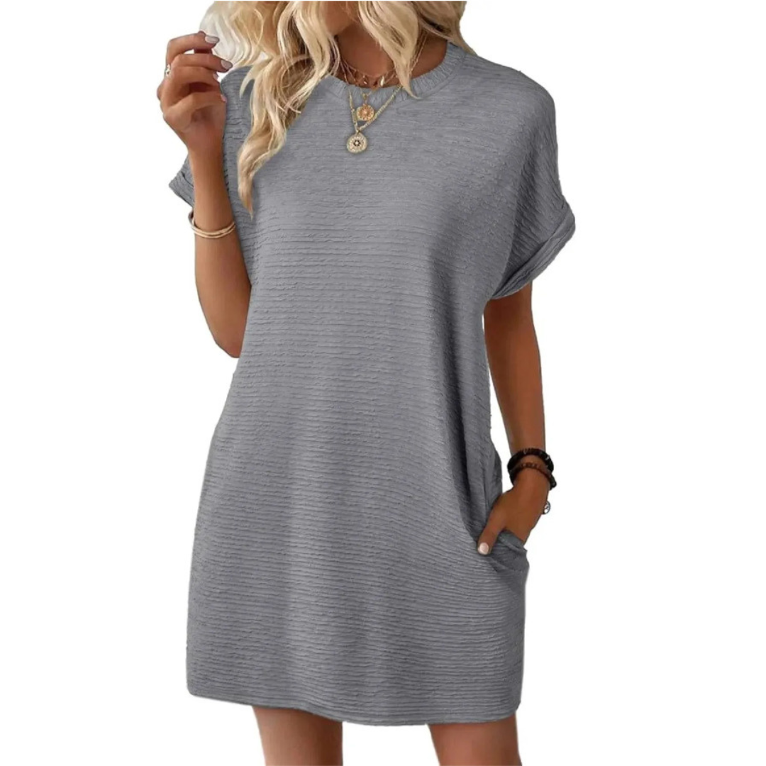 Hot pink ribbed crew neck T-shirt mini dress with relaxed silhouette, effortless warm-weather style