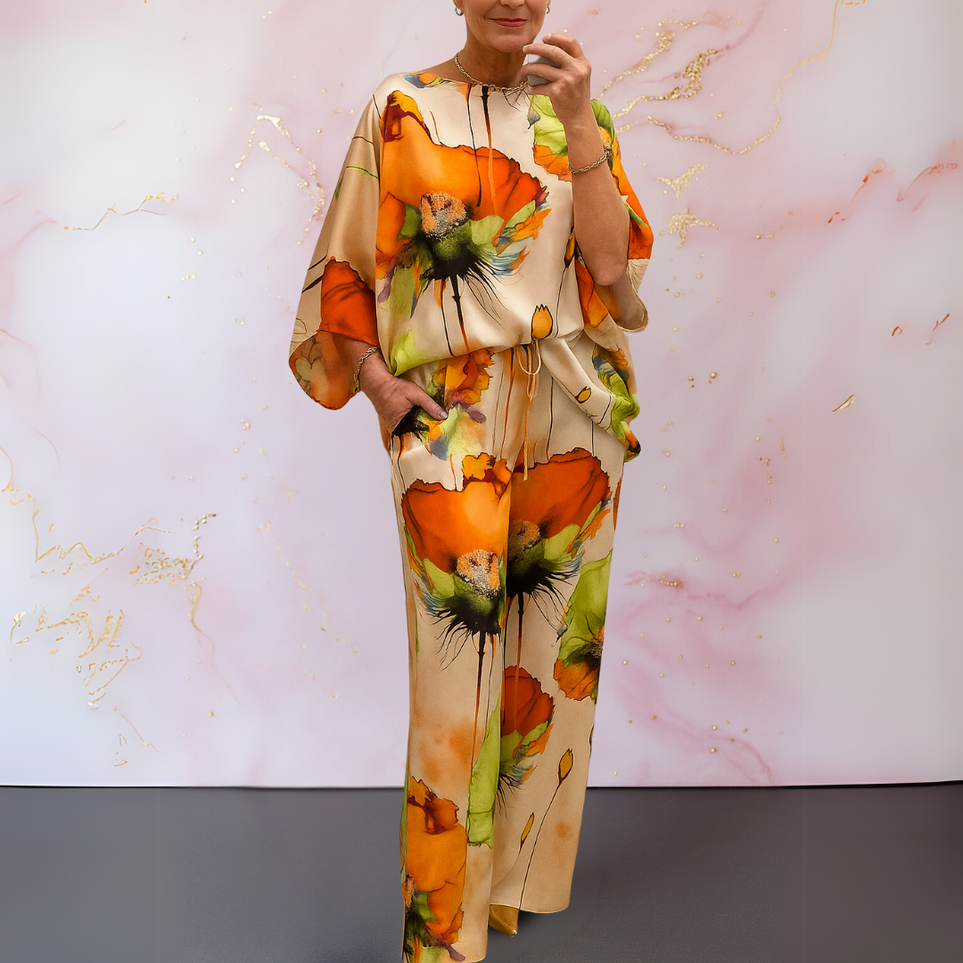 Alma-Rose satin two-piece women's set in bold colors with refined fit and lustrous finish