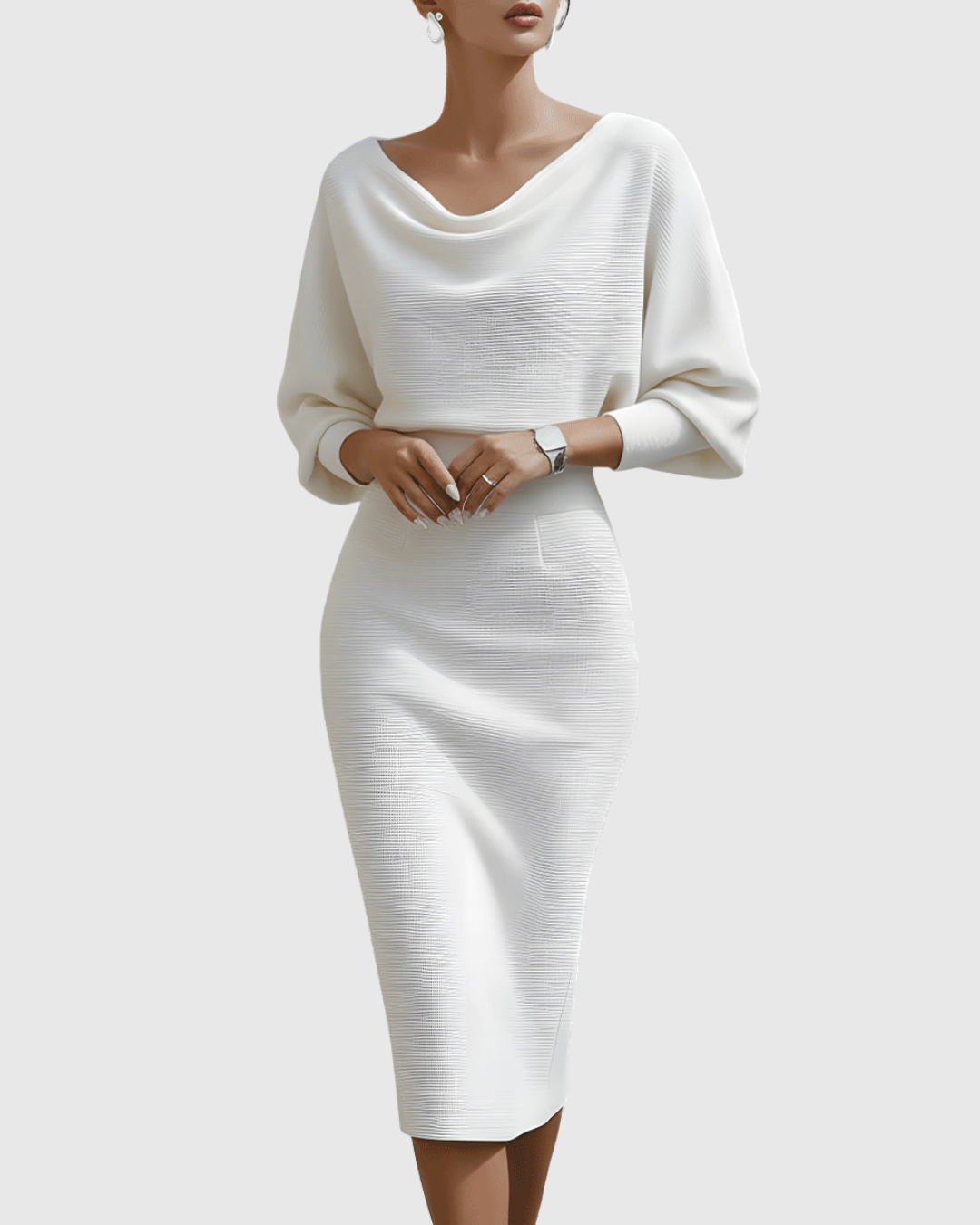 Women's ribbed midi dress in neutral tones with draped cowl neck and batwing sleeves fitted pencil skirt