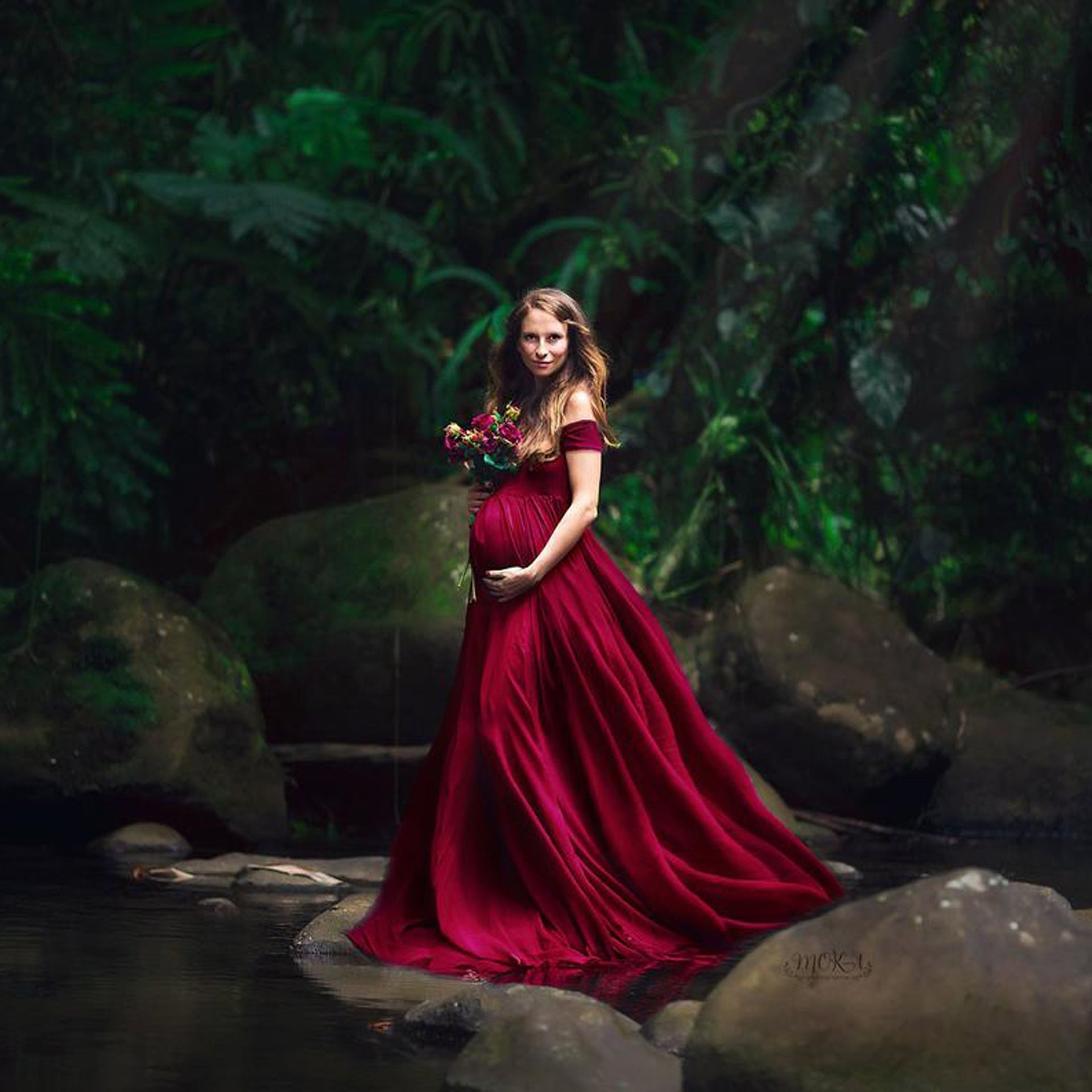White maternity maxi gown with wrap closure and self-tie belt, flowing breathable silhouette