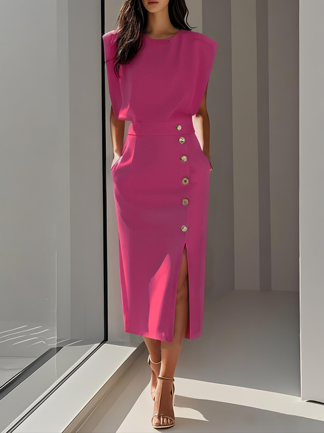Elegant midi dress with round neckline, button slit detail, flattering feminine silhouette in timeless style