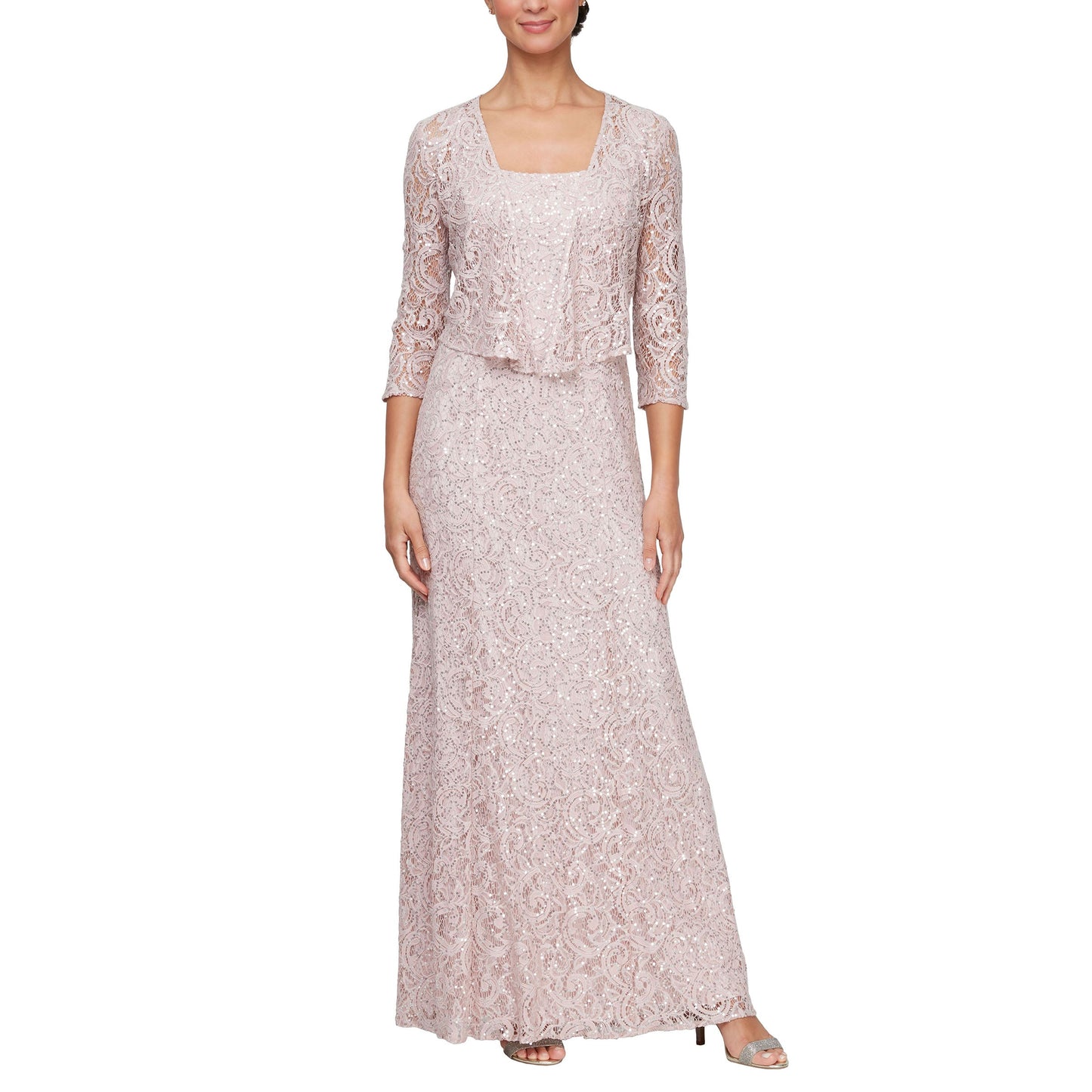 Wine sleeveless A-line formal gown with square neckline, embroidered lace, and matching quarter-sleeve jacket