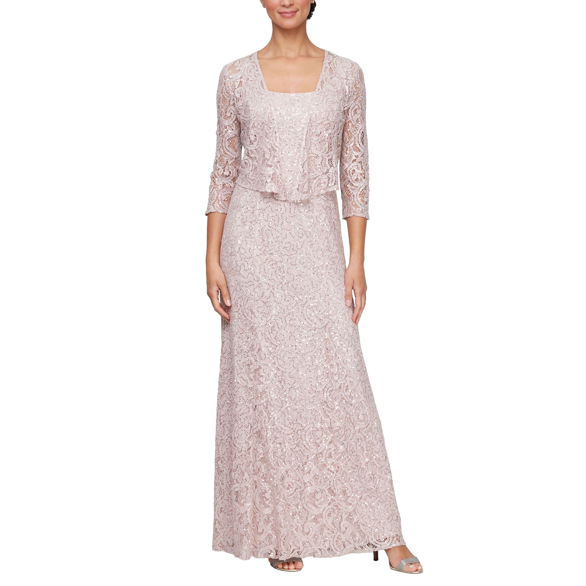 Wine sleeveless A-line formal gown with square neckline, embroidered lace, and matching quarter-sleeve jacket