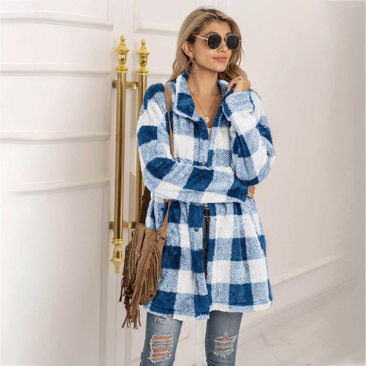 Women's longline colorblock plaid fleece coat, cozy warm winter essential with bold pattern