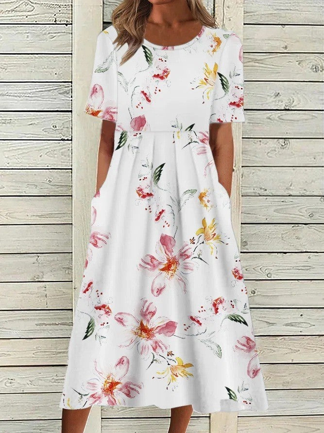 Printed midi dress relaxed fit floral pattern light breathable fabric elegant flowing silhouette