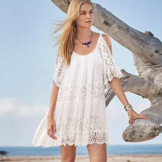 Women's Beach Dress - Cold Shoulder Lace - Casual Summer Outfit - Wavlynn