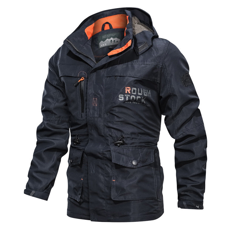 Men's water-resistant hooded outdoor jacket relaxed fit mid-length with multiple utility pockets