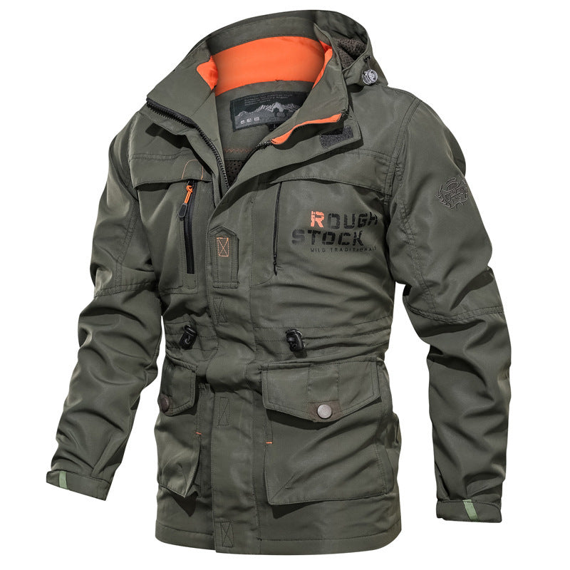 Men's olive green hooded outdoor jacket relaxed fit mid-length water-resistant multiple pockets