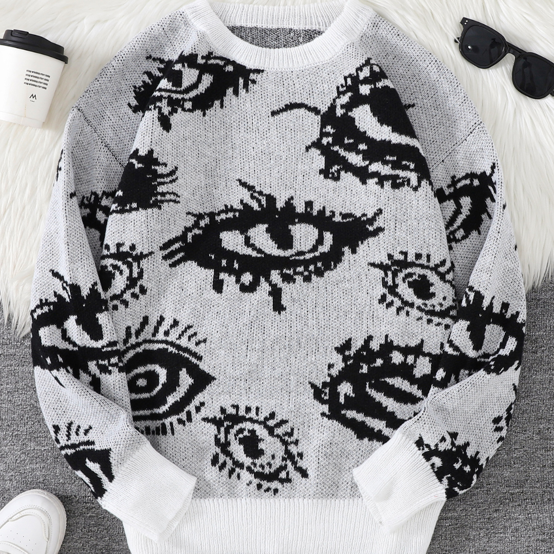 Relaxed-fit round-neck knit sweater with abstract eye jacquard pattern for casual everyday style