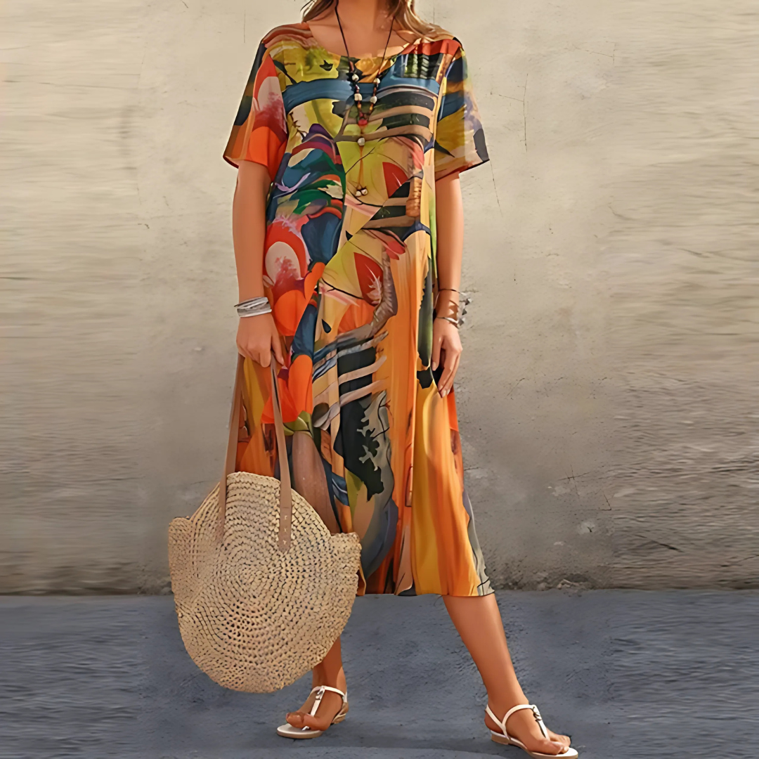 Elegant floral midi dress in vibrant multicolor print with flattering feminine fit and flowing silhouette