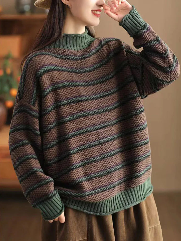 Nordic striped mock neck sweater relaxed fit ribbed long sleeve hip-length casual pullover