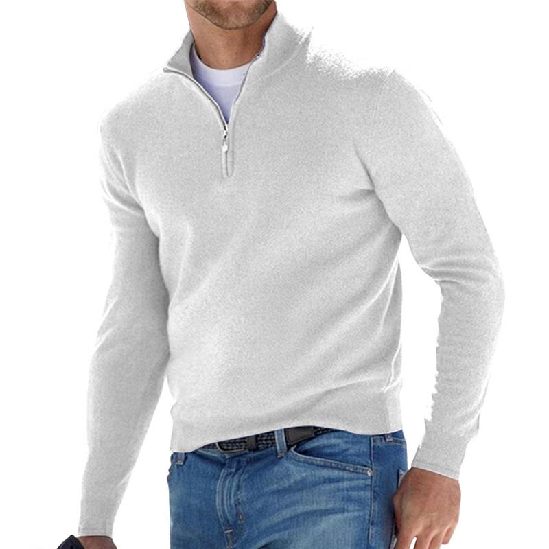 Men's half-zip knit sweater relaxed fit with ribbed edges, soft acrylic wool blend layering essential
