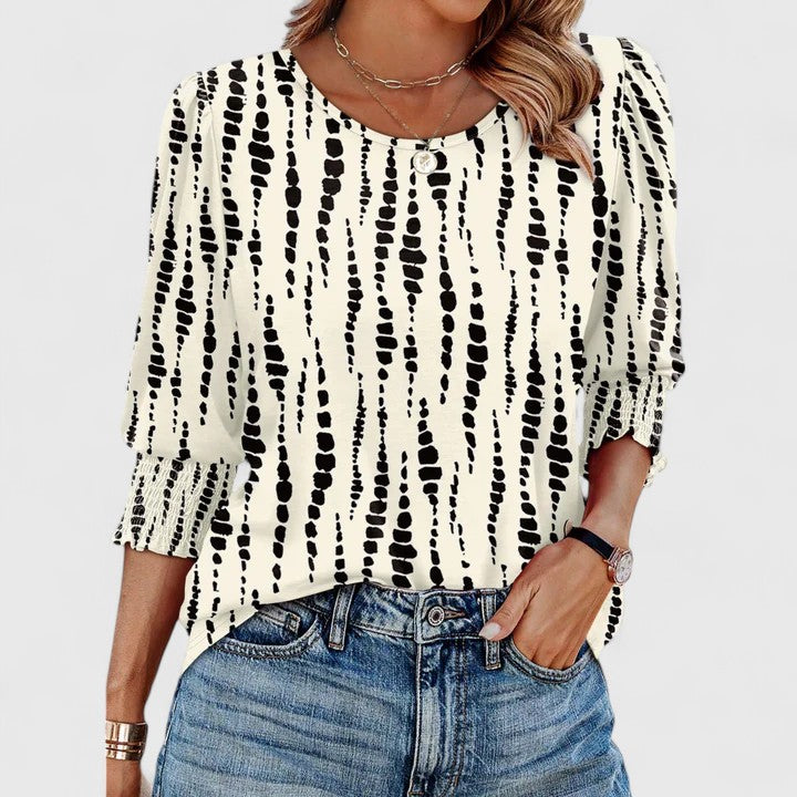 Women's relaxed crew neck top with smocked cuffs, 3/4 sleeves, effortless polished casual style