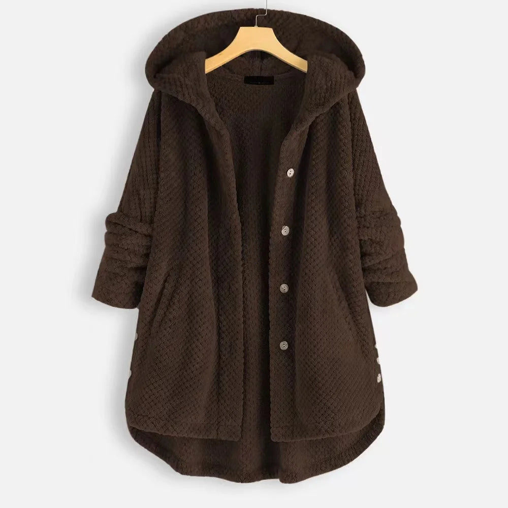 Oversized gray fleece hooded jacket with button-front closure and integrated pockets